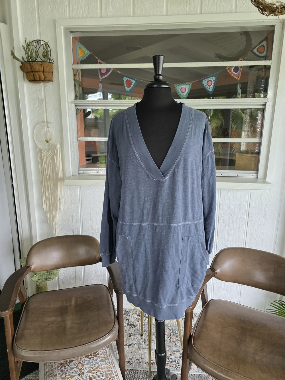 NATURAL LIFE Dusty Blue Long Sleeve V-Neck Tunic Dress - Picture 2 of 11